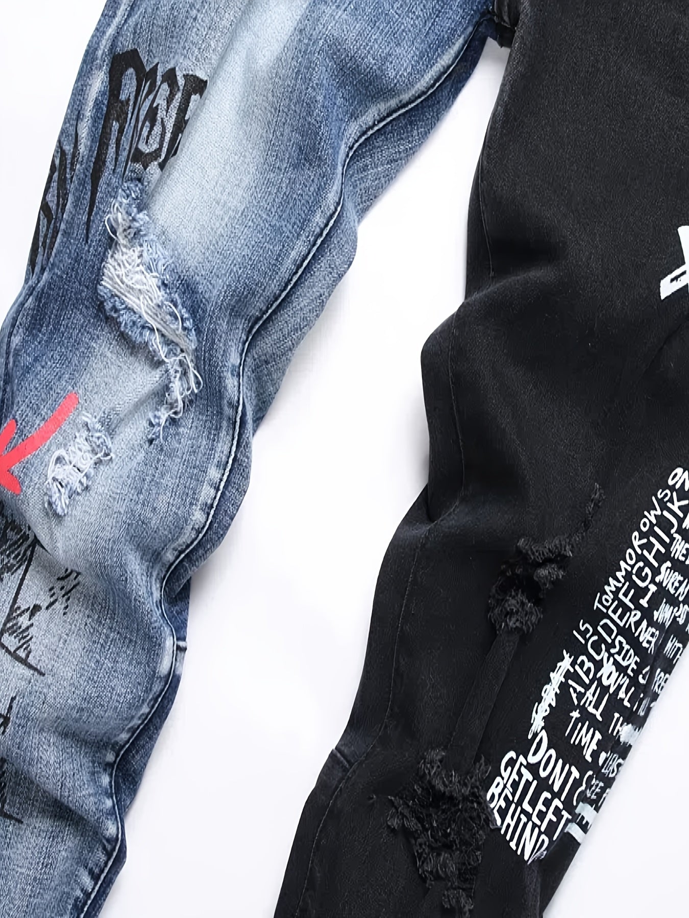 Men'S Ripped Letter Print Stretch Straight Slim Patchwork Jeans Comfortable Indigo / 30 Indigo / 32 Indigo / 34 Indigo / 30-Indigo / 32-Indigo / 34-Indigo / 36-Indigo / 38-