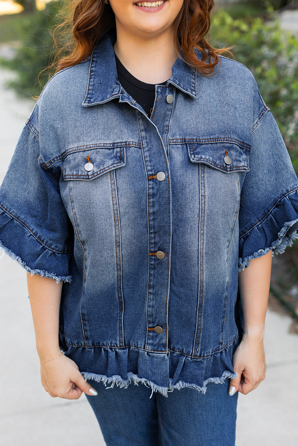 Peacock Blue Ruffled Frayed Short Sleeve Plus Size Denim Jacket Peacock Blue / 1X Peacock Blue / 2X