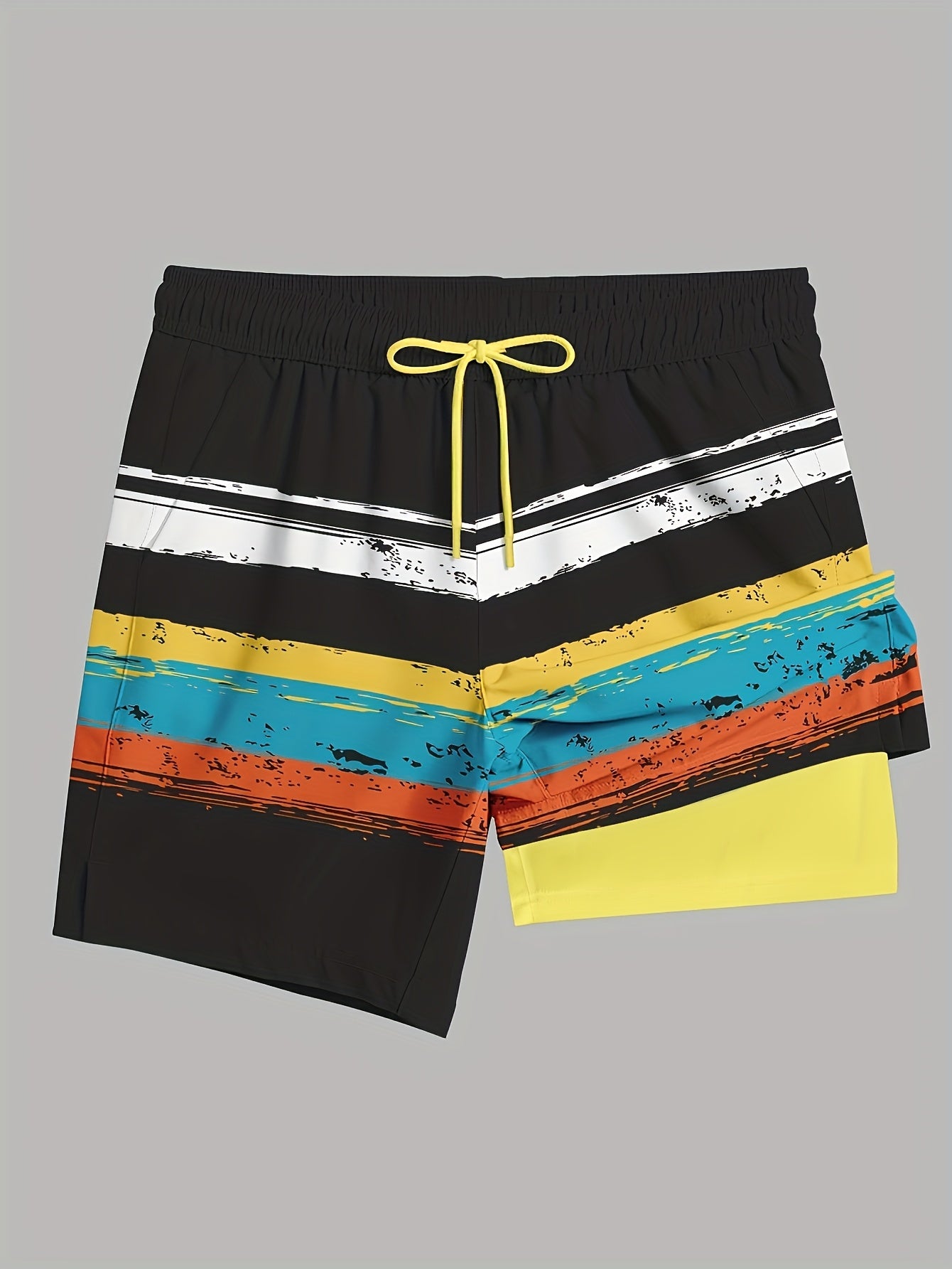 Men's Quick-Dry Swim Trunk with Compression Liner - Vibrant Yellow & Black Striped Beach Board Shorts, Regular Fit for Swimming, Surfing & Summer