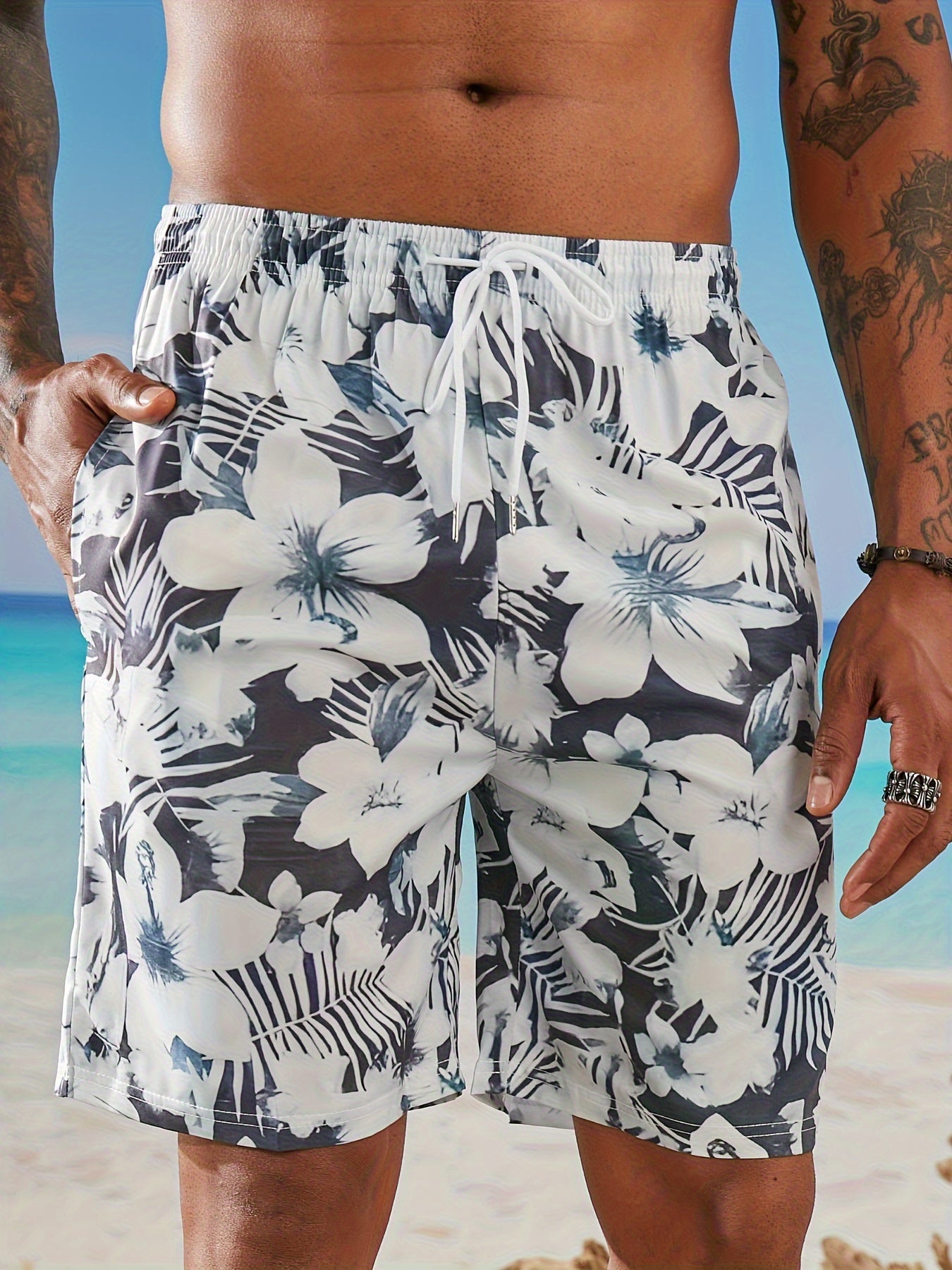 Men's Quick-Dry Hawaiian Swim Trunks with Adjustable Elastic Waist & Anti-Slip Pockets - Lightweight Beach Shorts, 95% Polyester 5% Spandex, Shark Print Design for Surfing, Swimming & Summer Activities, Surfing Essentials, Pl