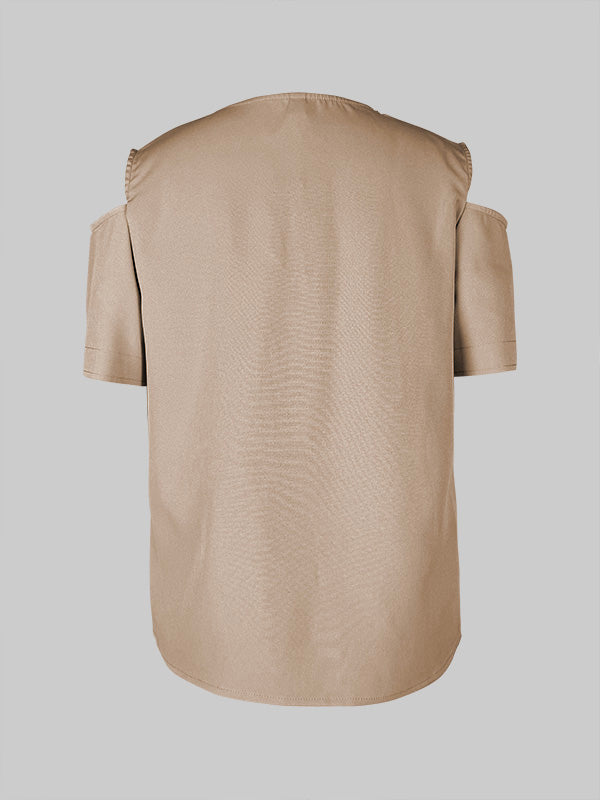 Chic Cold Shoulder Blouse: Stylish Loose-Fit Short Sleeve Top in Solid Colors RED / S RED / M RED / L RED / S-RED / M-RED / L-RED / XL-RED / 2XL-KHAKI / S-KHAKI / M-KHAKI / L-KHAKI / XL-KHAKI / 2XL-YELLOW / S-YELLOW / XL-YELLOW / 2XL-
