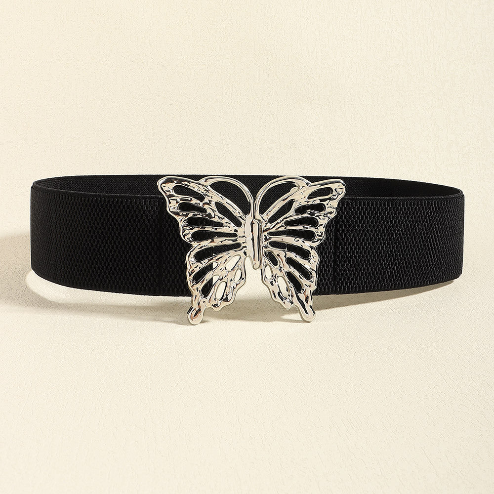 Butterfly Alloy Buckle Elastic Belt Light Yellow / One Size Leopard / One Size Black / One Size Light Yellow / One Size-Leopard / One Size-Black / One Size-