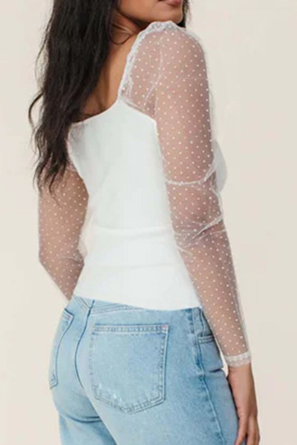 Swiss Dot Mesh Long Sleeve Square Neck Slim Top White / L White / M White / XL White / L-White / M-White / XL-White / S-