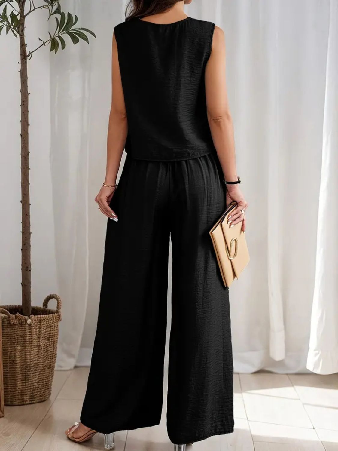 Round Neck Sleeveless Top and Wide Leg Pants Set Tan / 2XL Dusty Blue / S Dusty Blue / M Tan / 2XL-Dusty Blue / S-Dusty Blue / M-Dusty Blue / L-Dusty Blue / XL-Dusty Blue / 2XL-Black / S-Black / M-Black / L-Air Force Blue / S-Black / XL-Black / 2XL-Moonlit Mauve / S-Air Force Blue / M-Moonlit Mauve / M-Moonlit Mauve / L-Moonlit Mauve / XL-Moonlit Mauve / 2XL-Air Force Blue / L-Air Force Blue / XL-Air Force Blue / 2XL-Tan / S-Tan / M-Tan / L-Tan / XL-