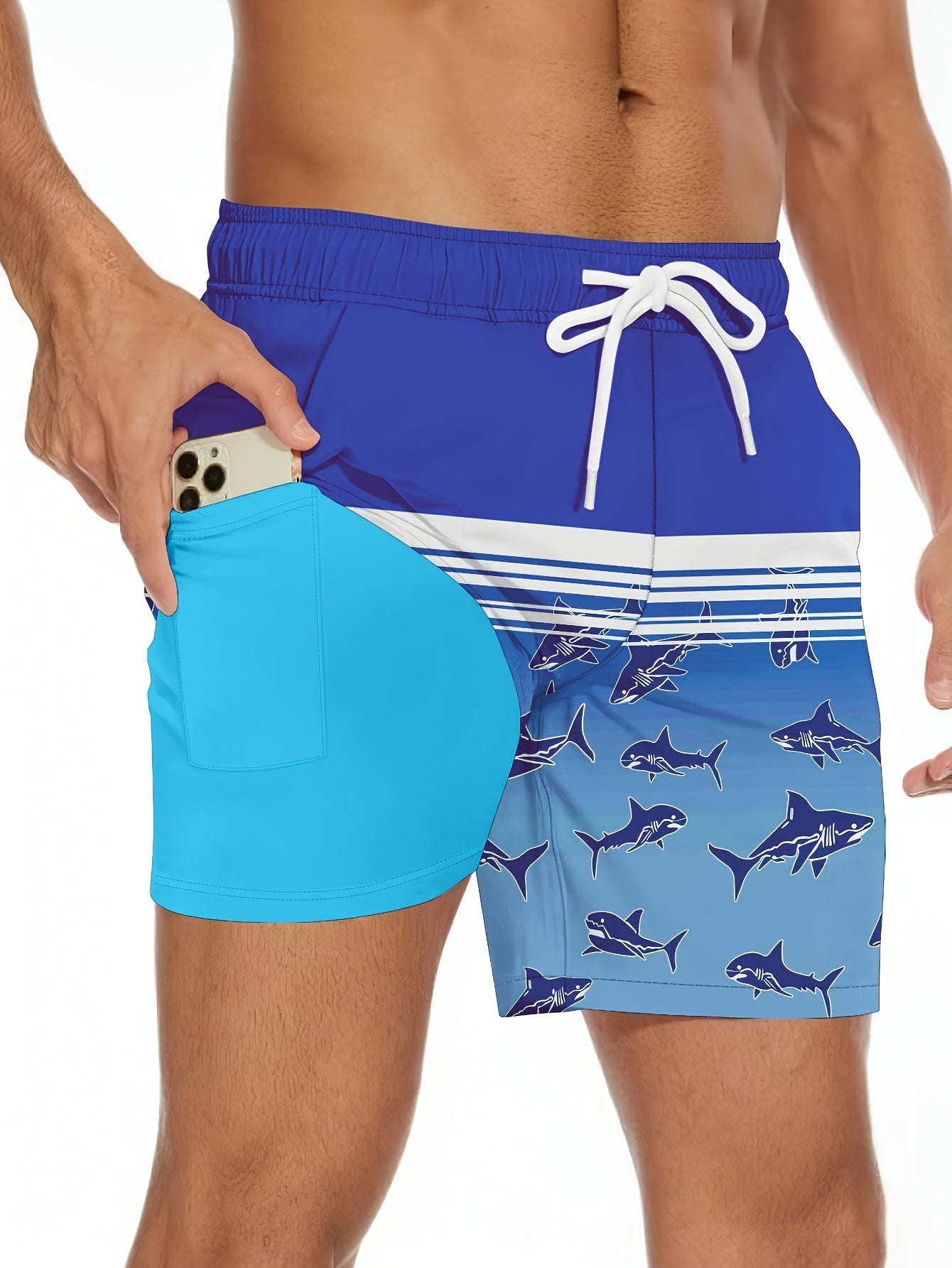 Men'S 2-in-1 Quick-Dry Beach Swim Trunks Summer Loose Shark Print Resort Swim Shorts Dark Blue Gradient Pure Blue Compression Lining, Breathable And Quick-Drying Outdoor Sports Surf Pa