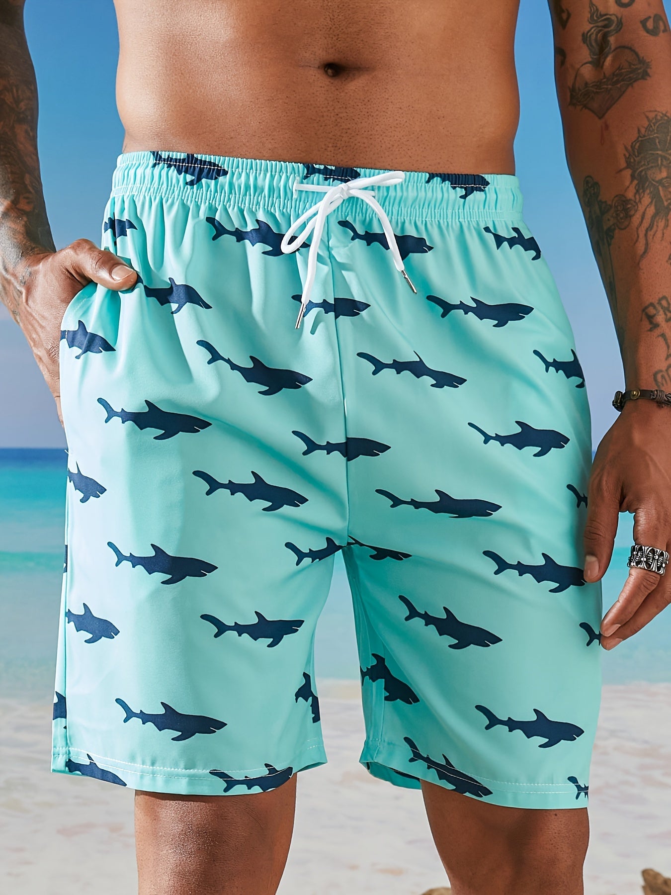 Men's Quick-Dry Hawaiian Swim Trunks with Adjustable Elastic Waist & Anti-Slip Pockets - Lightweight Beach Shorts, 95% Polyester 5% Spandex, Shark Print Design for Surfing, Swimming & Summer Activities, Surfing Essentials, Pl