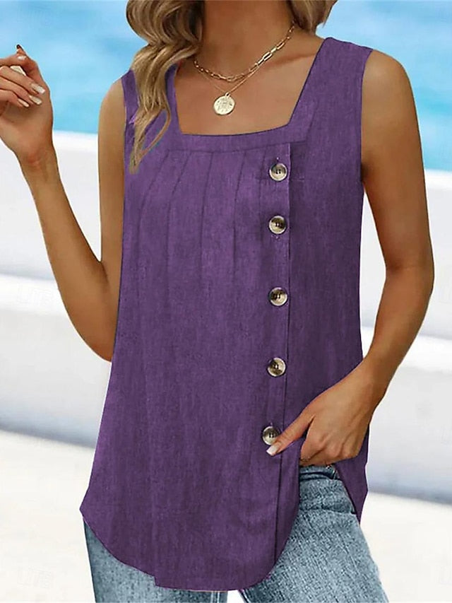 Chic Charcoal Green Asymmetrical Button Camisole - Stylish Sleeveless Summer Top Gray / S Gray / M Gray / 4XL Gray / S-Gray / M-Gray / 4XL-Gray / 5XL-Blue / S-Blue / 2XL-Blue / 4XL-Blue / 5XL-Green / S-Green / M-Green / L-Purple / S-Purple / M-Purple / 2XL-Purple / 4XL-Purple / 5XL-Pink / S-Pink / M-Pink / L-Pink / 2XL-Pink / 4XL-