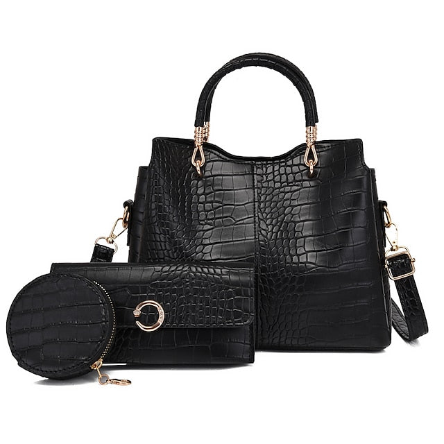 Chic 3-Piece PU Leather Handbag Set for Women - Stylish Office & Casual Carryall Pink Blue Black Pink-Blue-Black-White-Brown-Red-