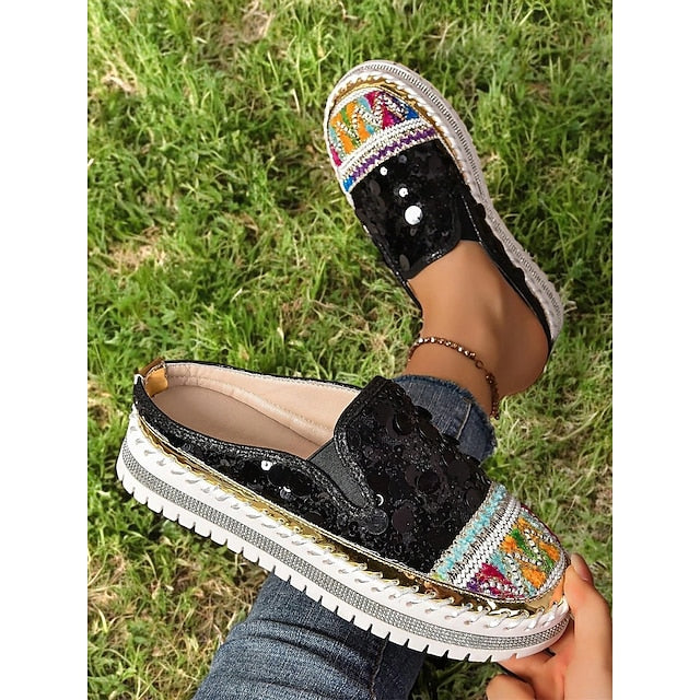 Chic National Totem Sequin Platform Mules: Stylish & Comfortable Faux Leather Sneakers
