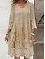 Boho Chic V-Neck Lace Detail Dress - Relaxed Fit Beige Linen Blend for Spring & Autumn Khaki / S Khaki / M Khaki / L Khaki / S-Khaki / M-Khaki / L-Khaki / XL-Khaki / 2XL-
