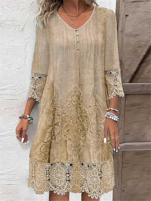 Boho Chic V-Neck Lace Detail Dress - Relaxed Fit Beige Linen Blend for Spring & Autumn Khaki / S Khaki / M Khaki / L Khaki / S-Khaki / M-Khaki / L-Khaki / XL-Khaki / 2XL-