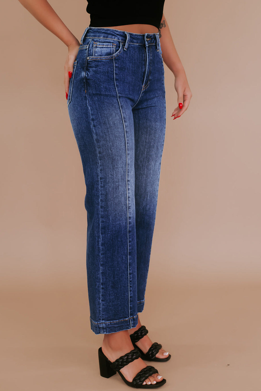 Navy Blue Plus Size Seamed Wide Leg High Waist Jeans Navy Blue / 1X Navy Blue / 2X