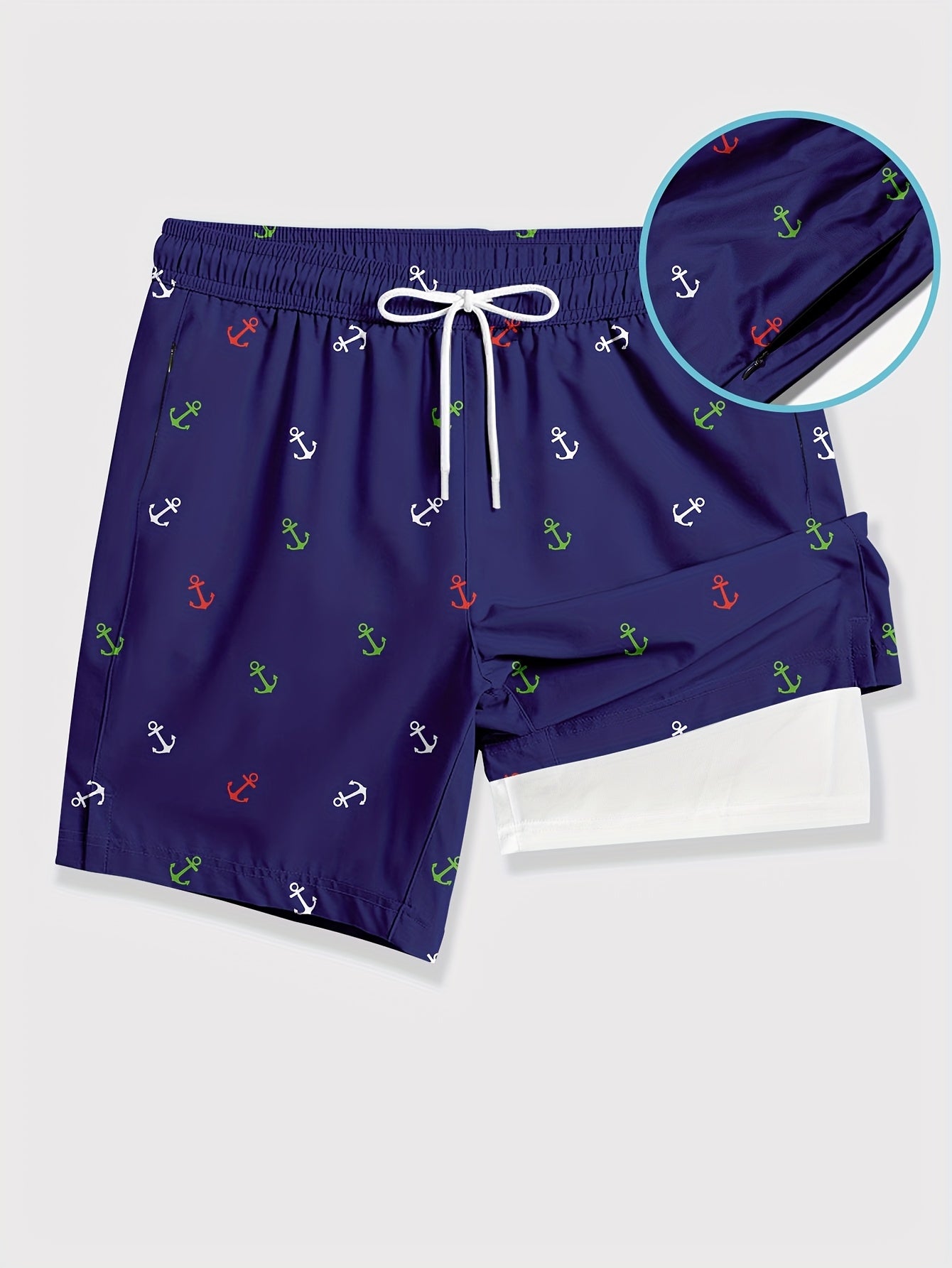 Men'S Swim Trunk With Compression Liner Navy Blue Anchor PrintQuick Dry Board Shorts With Pocket Zipper