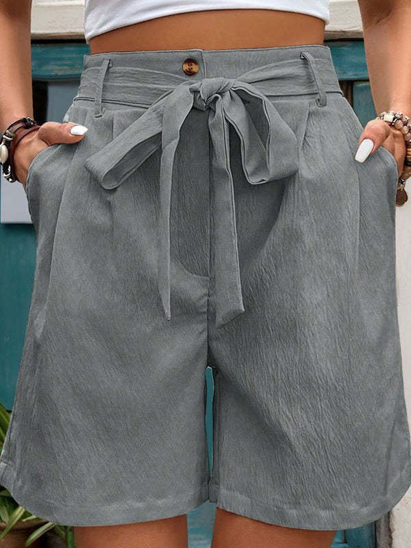 Chic High-Waisted Pleated Shorts with Tied Waist & Pockets LIGHT GRAY S