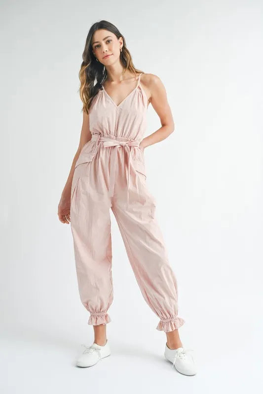 MABLE Washed Fabric Spaghetti Strap Waist Belted Jumpsuit Pink / S Pink / M Pink / L Pink / S-Pink / M-Pink / L-