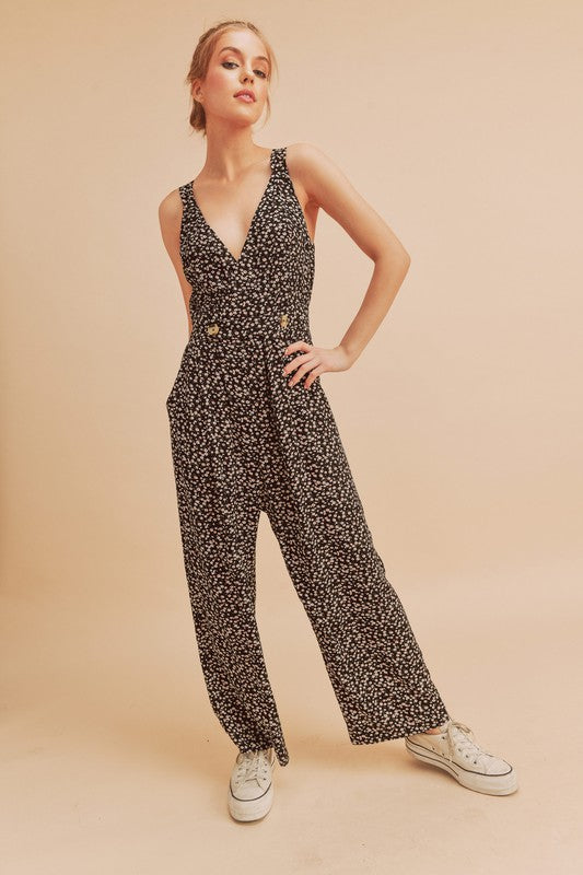 Aemi + Co Ditsy Floral Surplice Sleeveless Wide Leg Jumpsuit Black / S Black / M Black / L Black / S-Black / M-Black / L-
