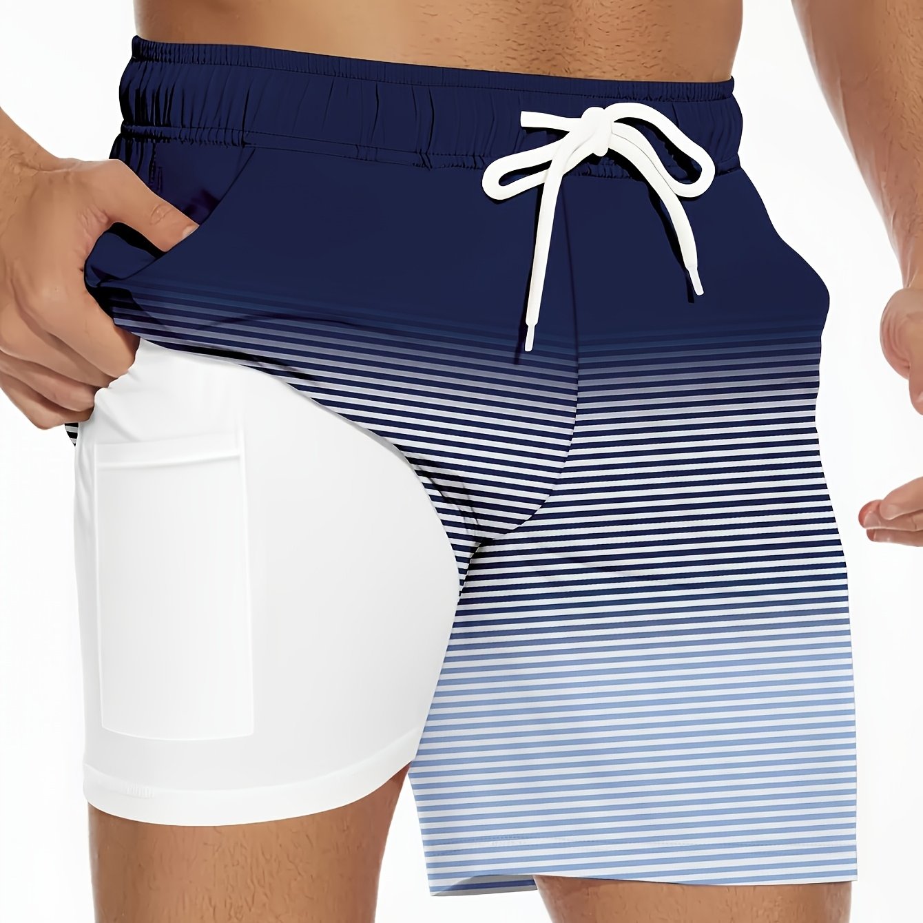 Men's Quick-Dry Swim Trunk with Compression Liner - Vibrant Yellow & Black Striped Beach Board Shorts, Regular Fit for Swimming, Surfing & Summer