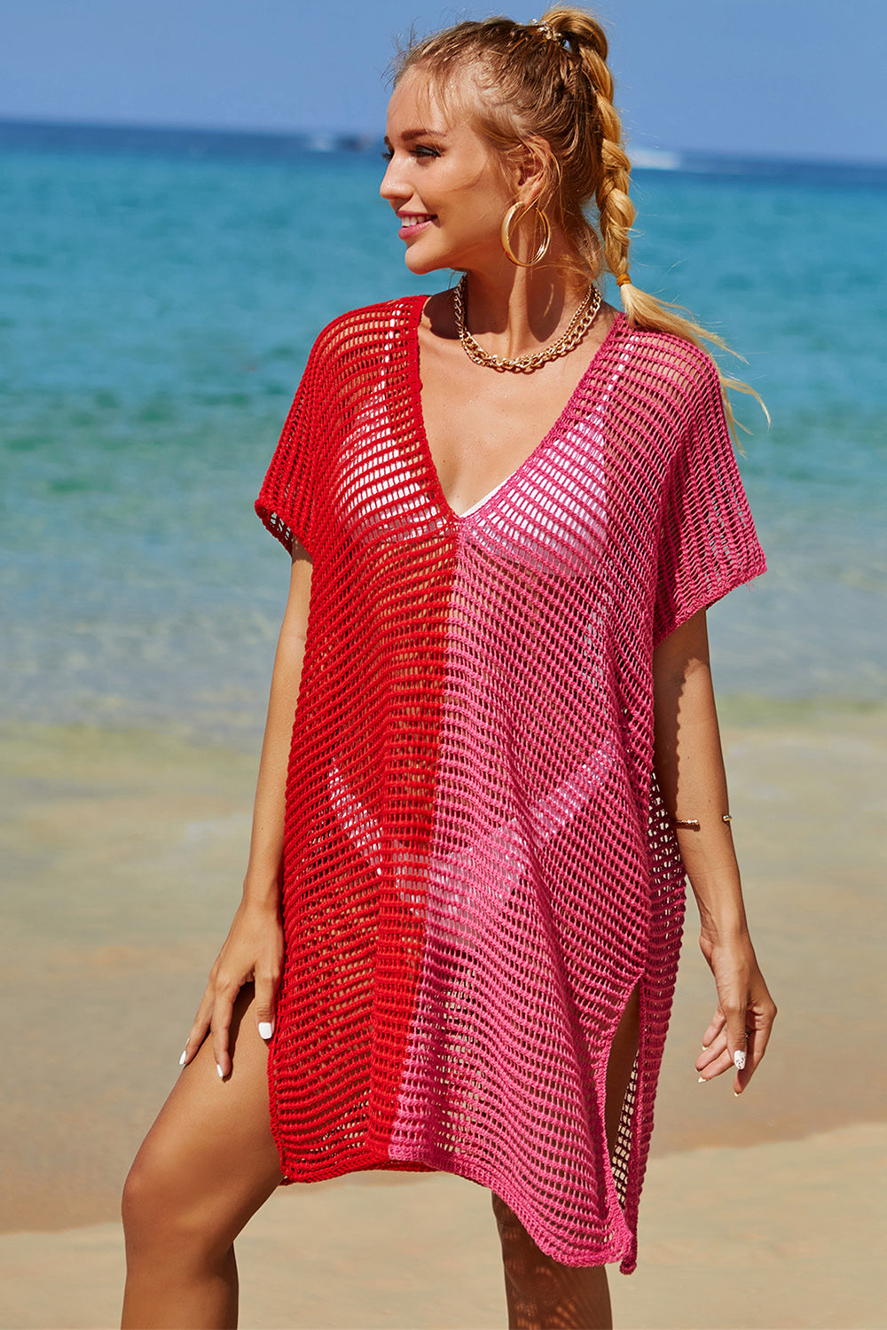 Angel Wings Openwork Contrast Slit Knit Cover Up Blue / One Size White / One Size