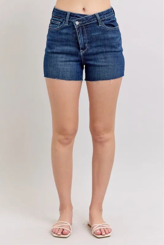 Judy Blue High Waist Criss-Cross Waistband Denim Shorts DK / M DK / S DK / L DK / M-DK / S-DK / L-DK / 1XL-DK / 3XL-DK / 2XL-