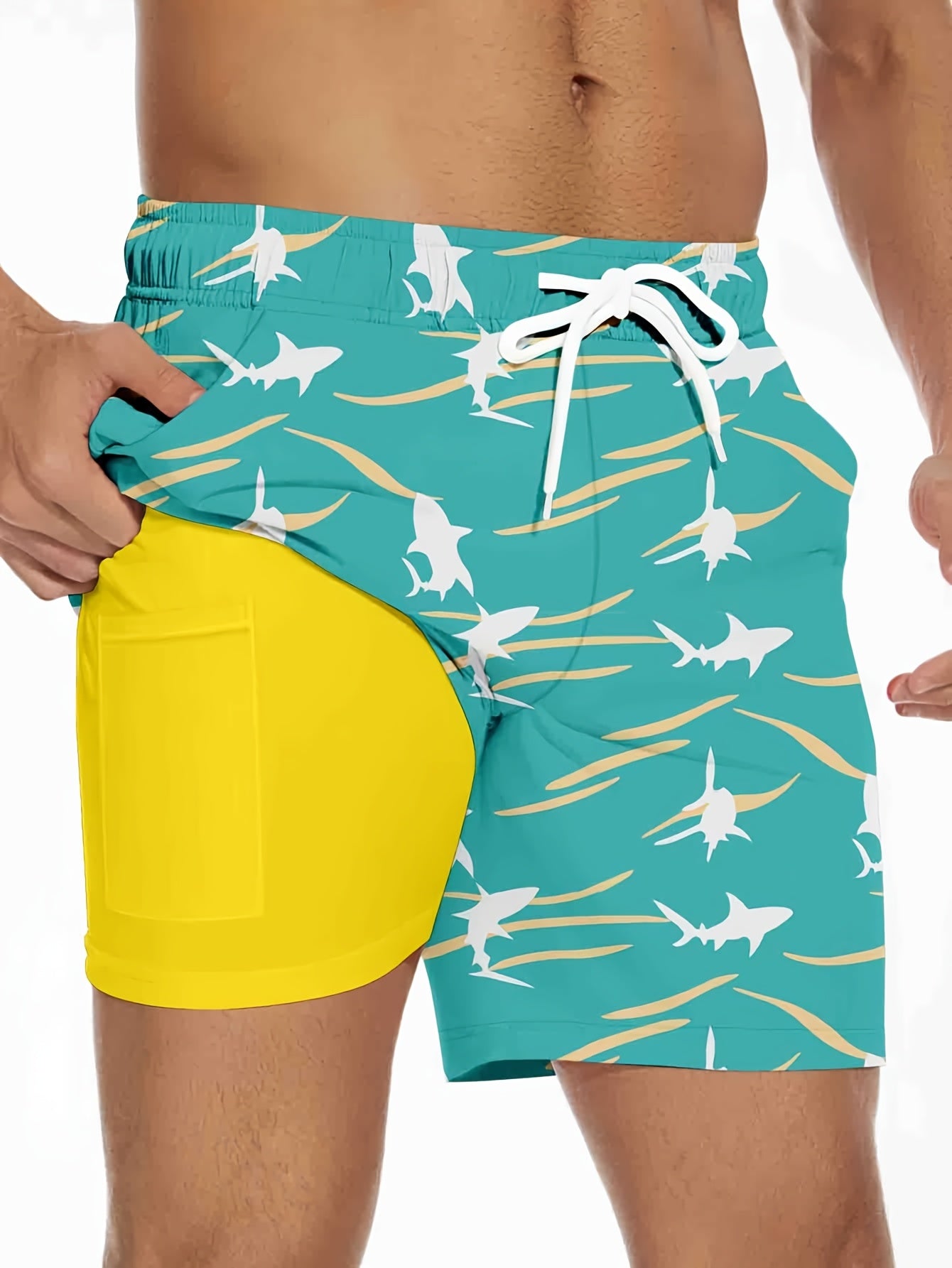 Men'S Summer Double-Layer Anti-Glare Beach Shorts, Casual Non-Stretch Fabric, Regular Fit with Flamingo Print