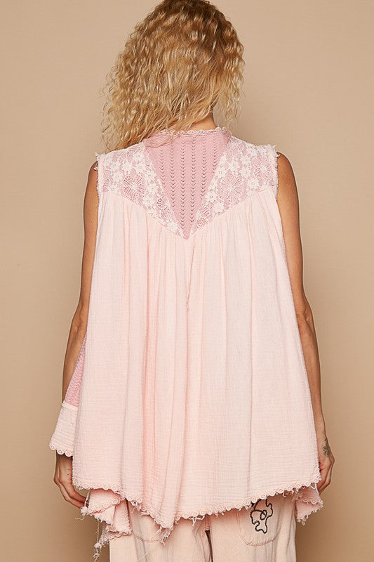 POL Embroidered Pearls Open Front Sleeveless Cardigan Apricot / S Apricot / M Apricot / L Apricot / S-Apricot / M-Apricot / L-