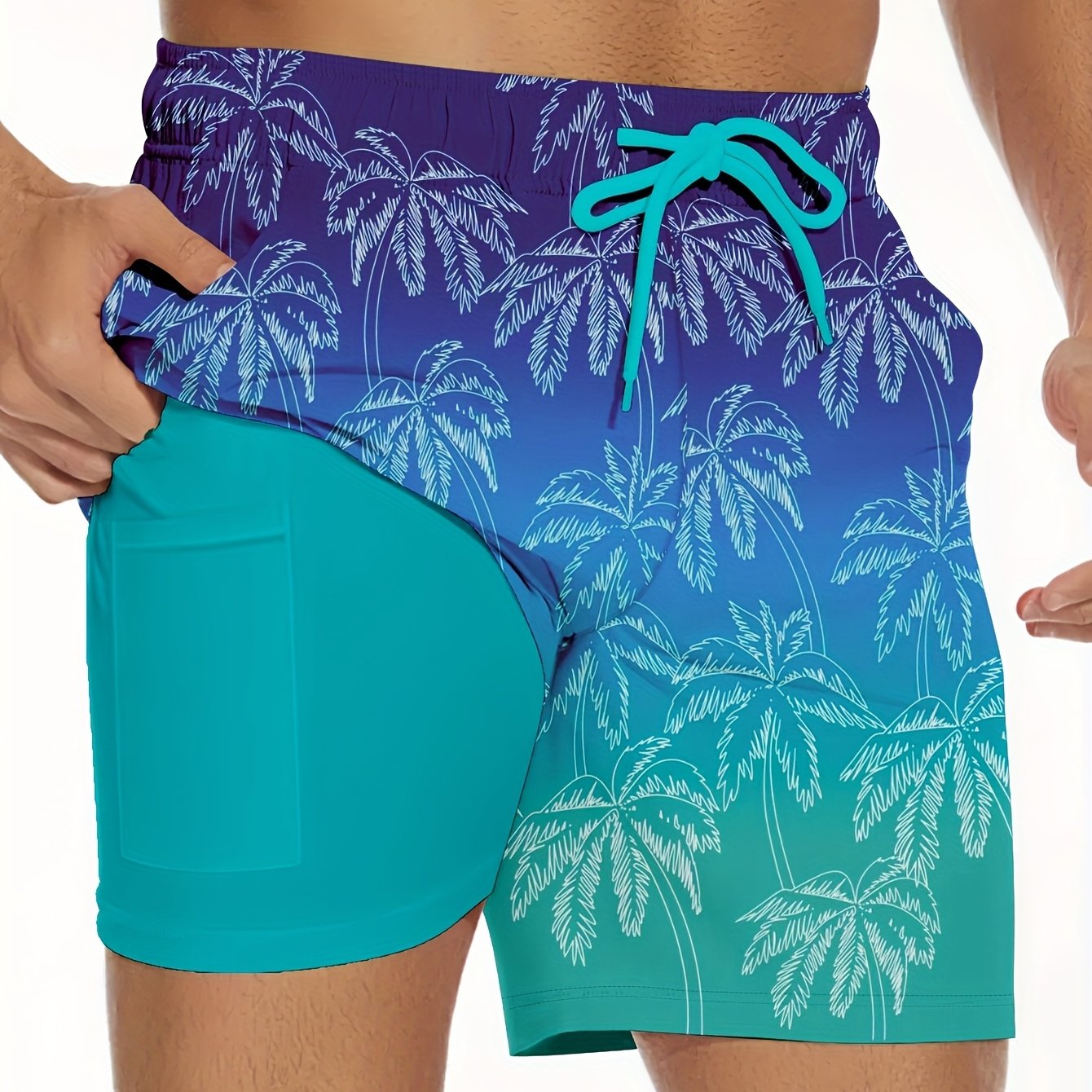 Lightweight Quick-Dry Men's Swim Trunks | Tropical Coconut Tree Ombre Design, Compression Liner, Drawstring Waist, Side Pockets, Vibrant Blue to Purple
