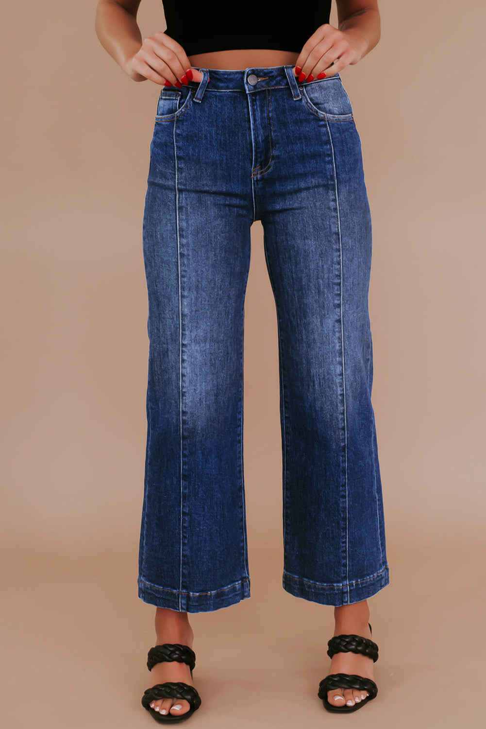 Navy Blue Plus Size Seamed Wide Leg High Waist Jeans Navy Blue / 1X Navy Blue / 2X