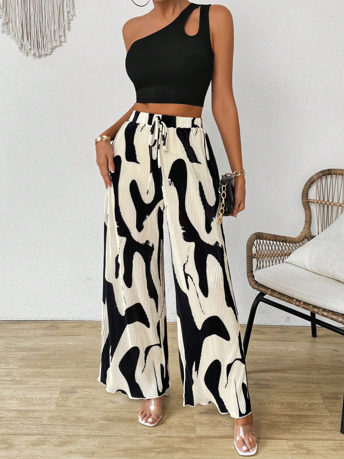Cutout One Shoulder Top and Printed Pants Set Black/Khaki / S Black/Khaki / M Black/Khaki / L Black/Khaki / S-Black/Khaki / M-Black/Khaki / L-Black/Khaki / XL-
