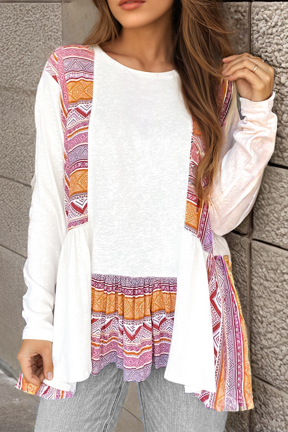 White Western Aztec Print Patchwork Ruffled Tunic Long Sleeve Babydoll Top White / S / 65%Cotton+35%Polyester White / M / 65%Cotton+35%Polyester