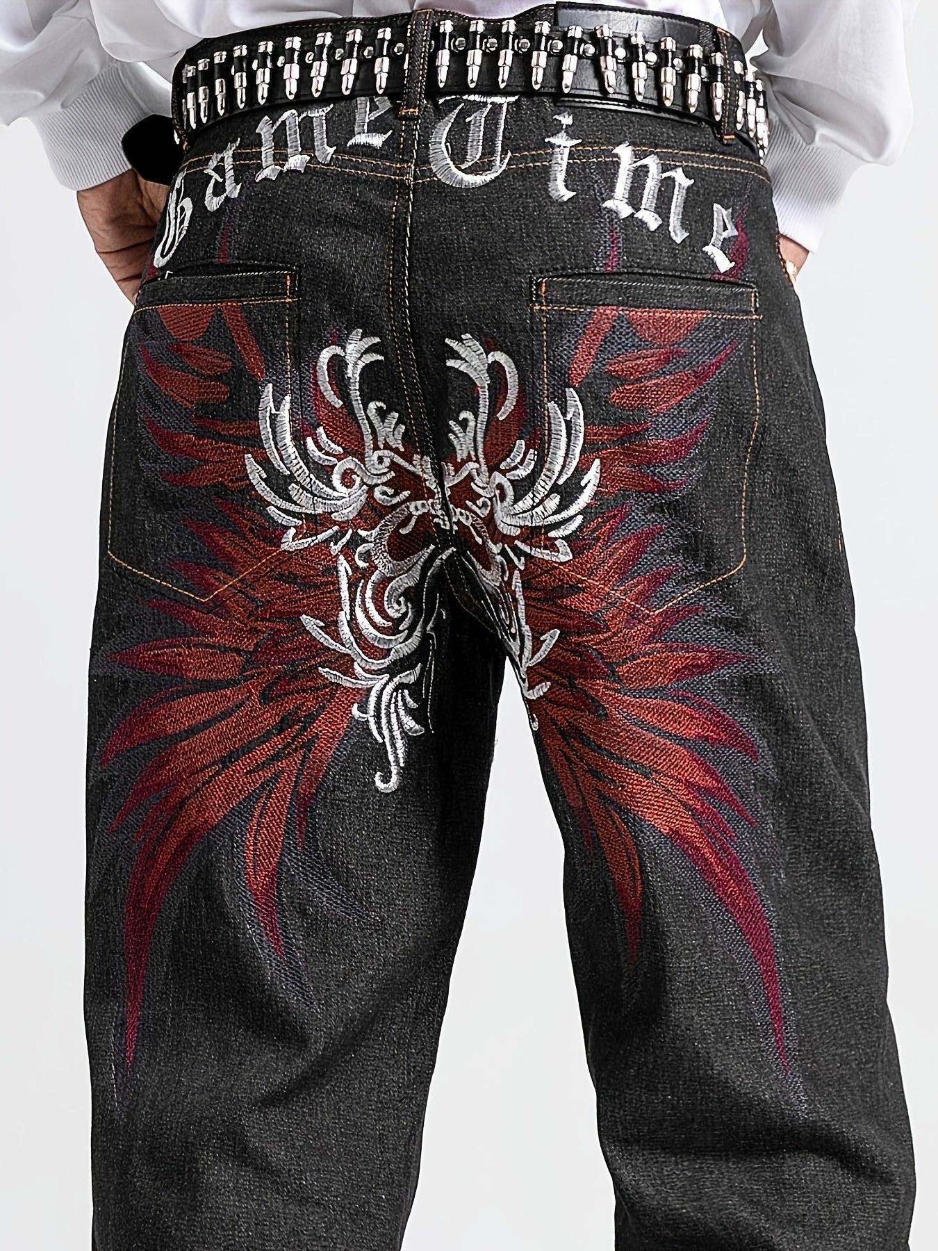 Men's Embroidered Straight-Leg Jeans - Rayon Blend, Non-Stretch Denim 30 / Black 32 / Black 34 / Black 30 / Black-32 / Black-34 / Black-36 / Black-38 / Black-40 / Black-42 / Black-