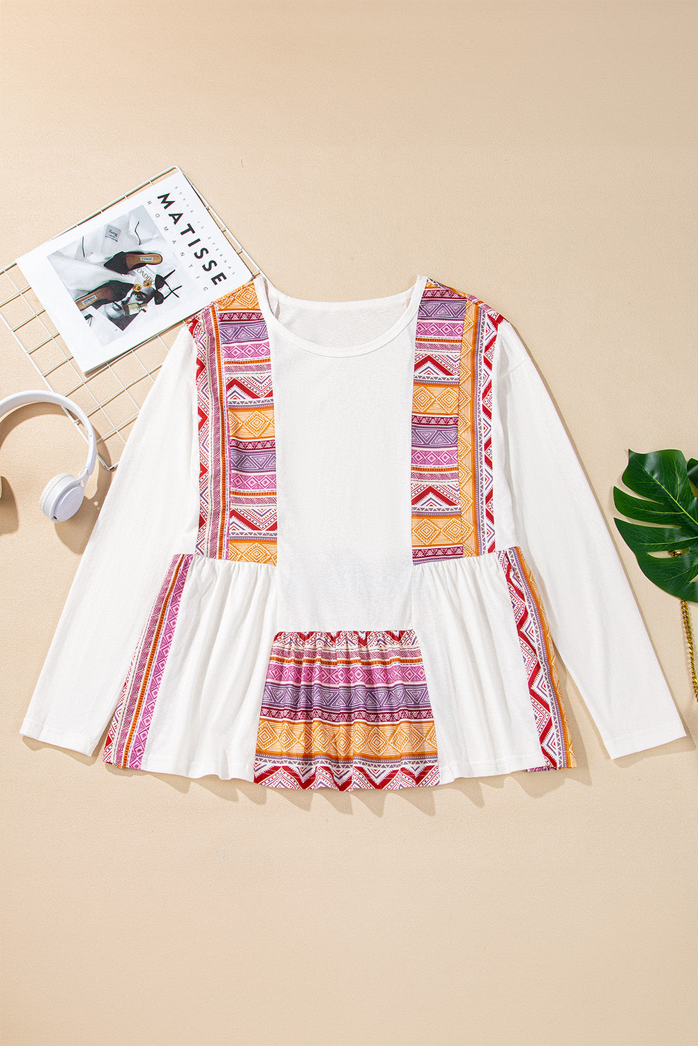 White Western Aztec Print Patchwork Ruffled Tunic Long Sleeve Babydoll Top White / S / 65%Cotton+35%Polyester White / M / 65%Cotton+35%Polyester