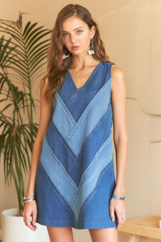 ADORA Chevron Color Block V-Neck Denim Dress Denim / S Denim / M Denim / L Denim / S-Denim / M-Denim / L-
