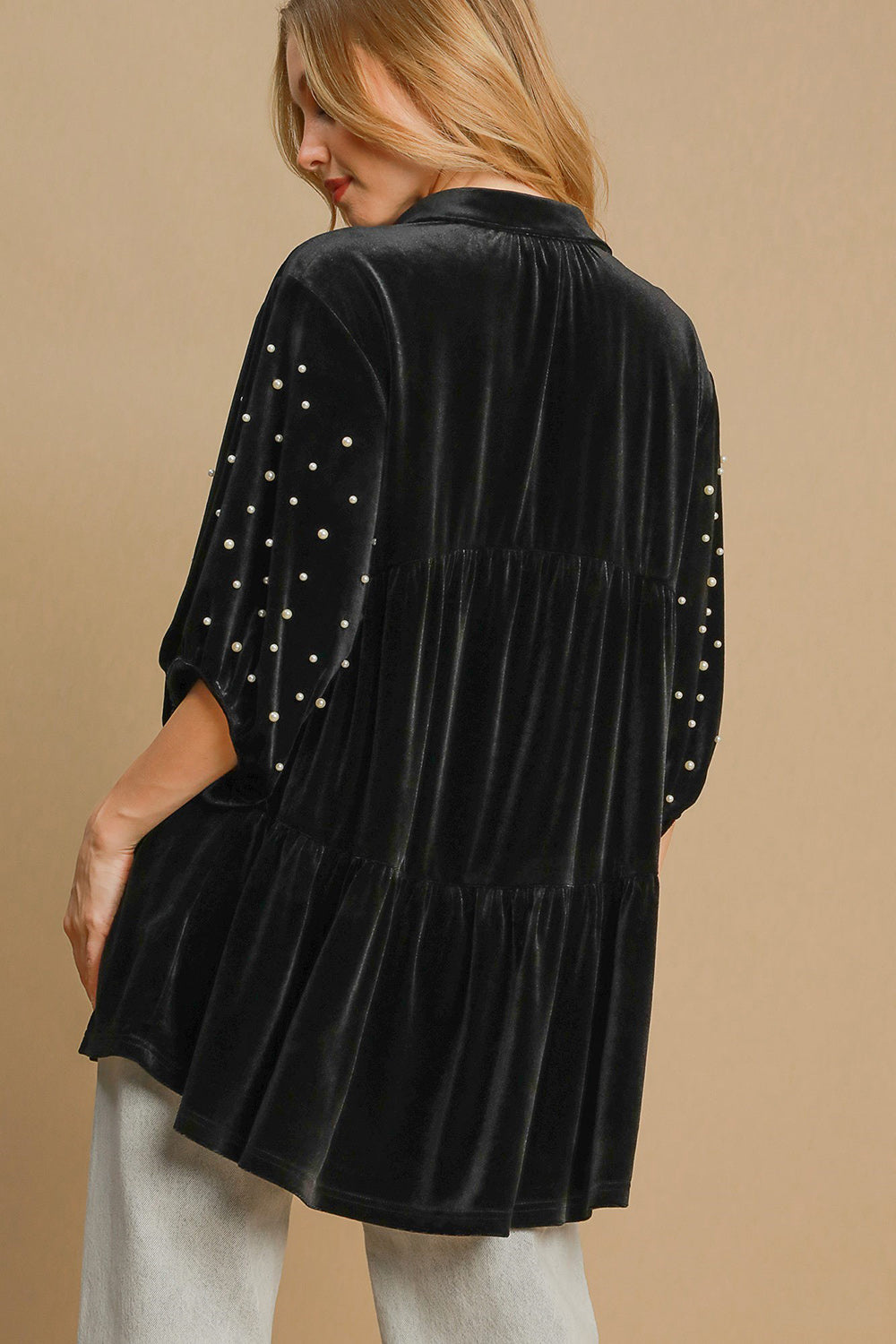 Umgee Pearl Detail Half Sleeve Velvet Babydoll Blouse Black / S Black / M