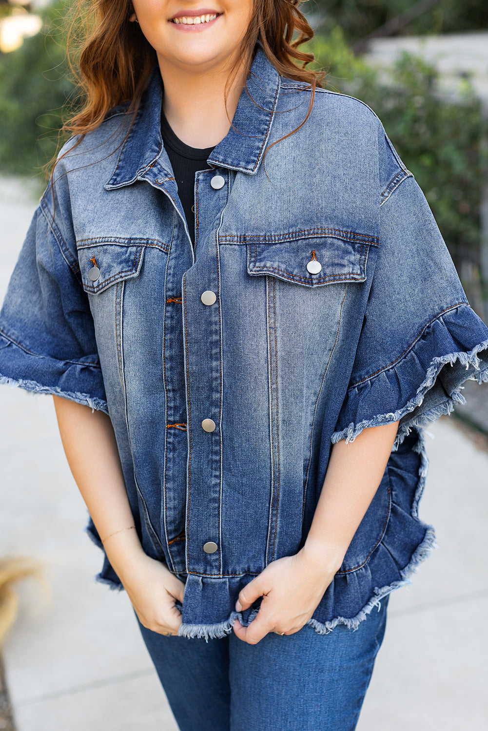 Peacock Blue Ruffled Frayed Short Sleeve Plus Size Denim Jacket Peacock Blue / 1X Peacock Blue / 2X