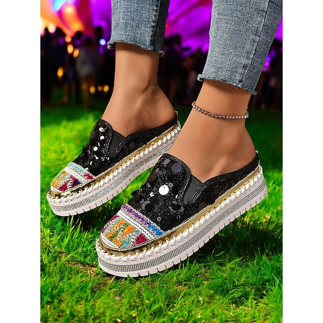 Chic National Totem Sequin Platform Mules: Stylish & Comfortable Faux Leather Sneakers