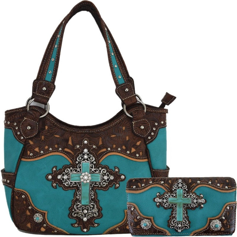1pc Western Style Faux Leather Handbag with Rhinestone Cross and Conchos, Studded Shoulder Bag with Trifold Wallet Set Beige #2 Black Set Coffee Set Beige #2-Black Set-Coffee Set-Turquoise Set-