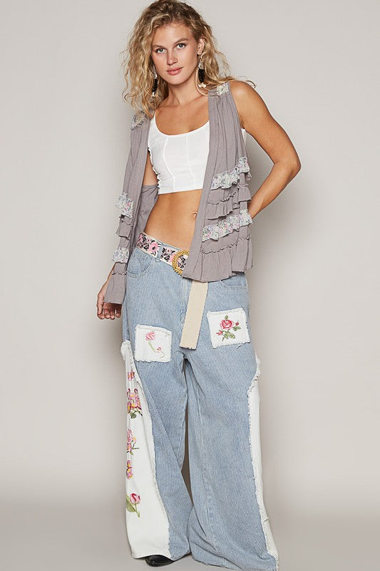 POL Ruffled Open Front Sleeveless Cardigan Stone Grey Multicolor / S Stone Grey Multicolor / M Stone Grey Multicolor / L Stone Grey Multicolor / S-Stone Grey Multicolor / M-Stone Grey Multicolor / L-