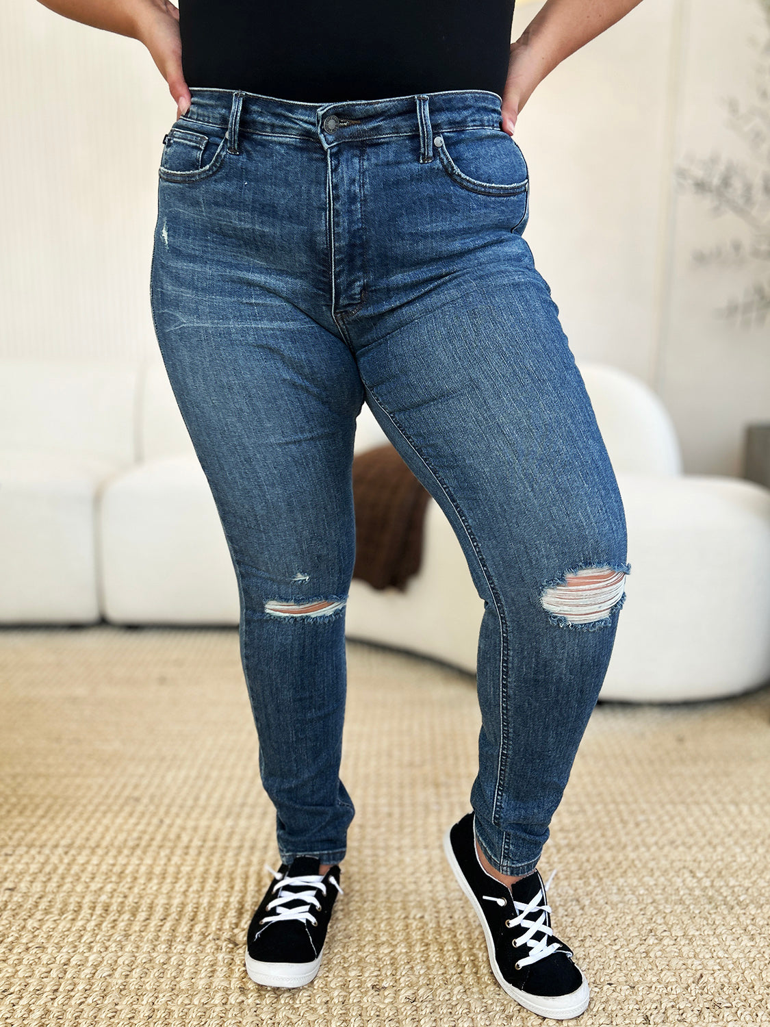Judy Blue Full Size Mid Waist Distressed Slim Jeans Dark / 0 Dark / 1