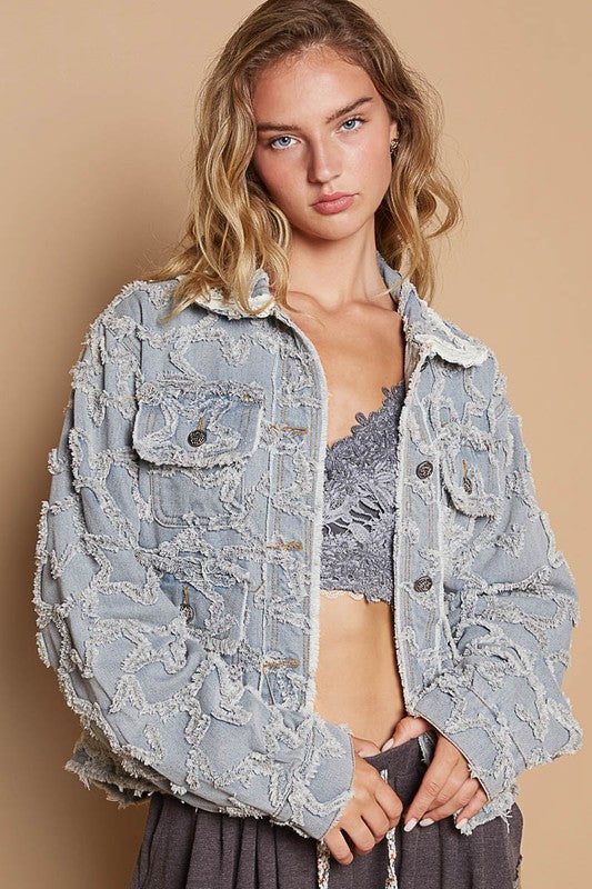 POL Star Textured Raw Hem Long Sleeve Denim Jacket Light / S Light / M