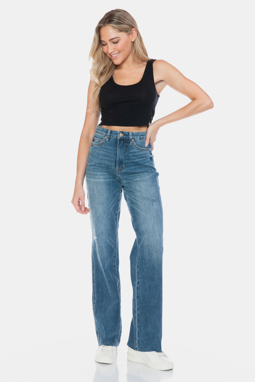 Judy Blue Full Size Tummy Control Cut Raw Hem Straight Jeans Medium / 0/24 Medium / 1/25