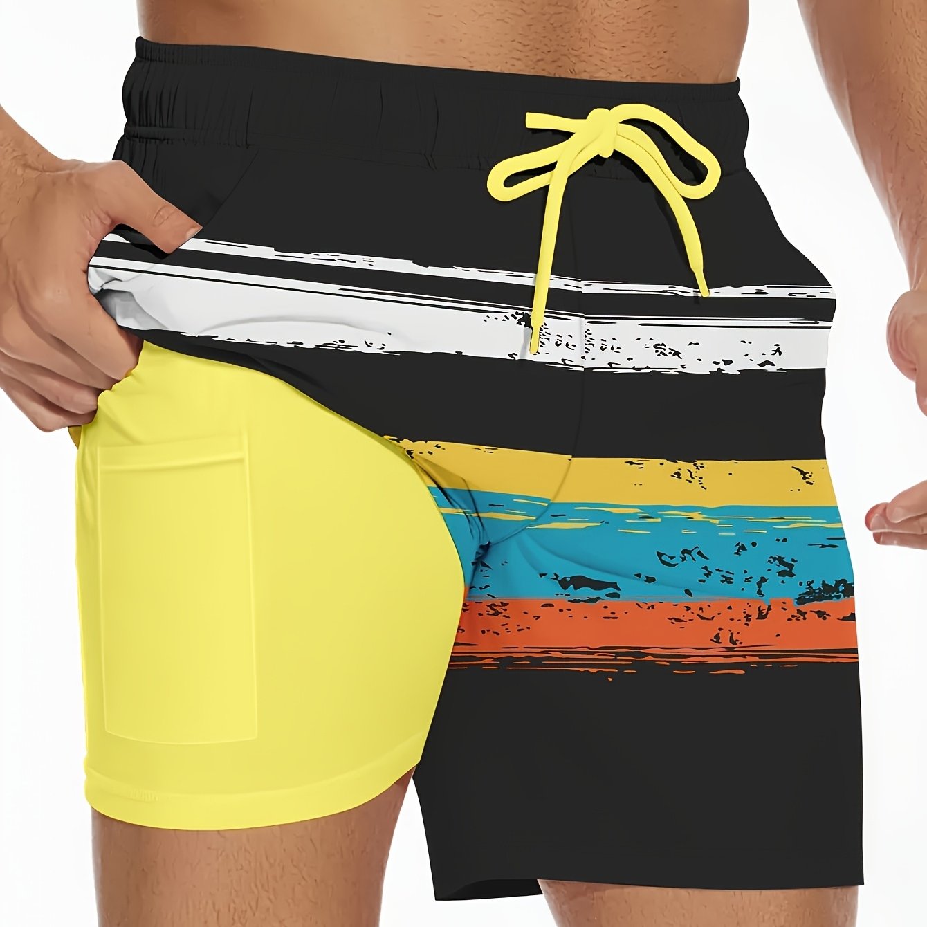 Men's Quick-Dry Swim Trunk with Compression Liner - Vibrant Yellow & Black Striped Beach Board Shorts, Regular Fit for Swimming, Surfing & Summer