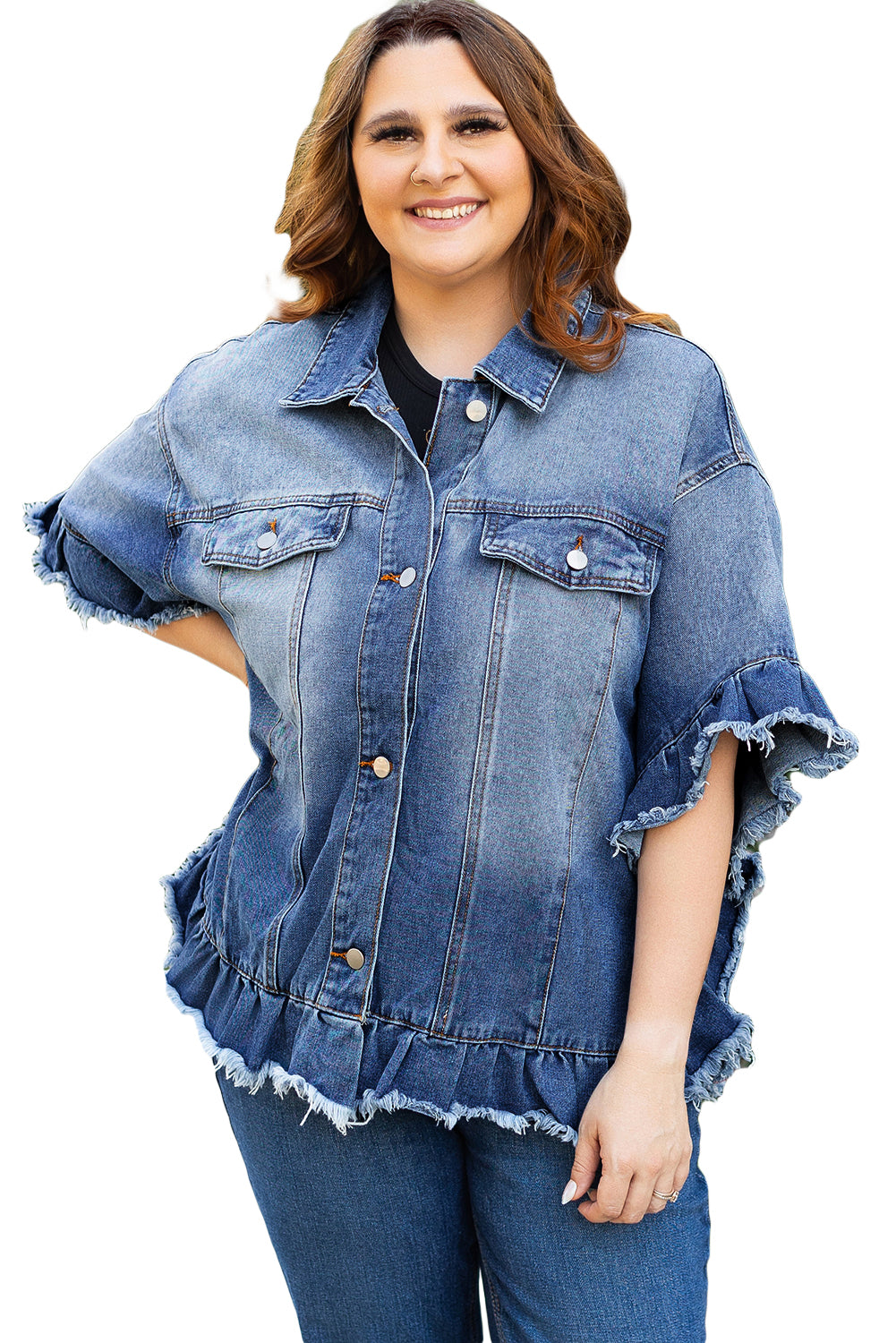 Peacock Blue Ruffled Frayed Short Sleeve Plus Size Denim Jacket Peacock Blue / 1X Peacock Blue / 2X