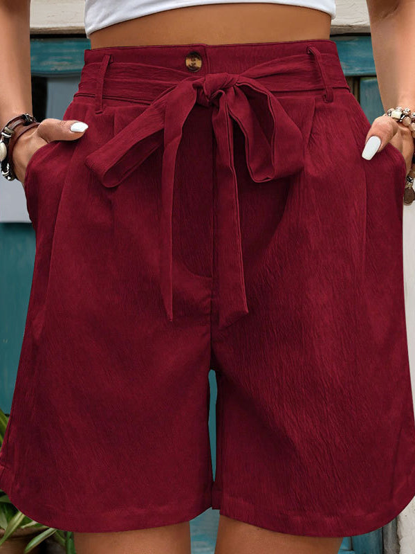 Chic High-Waisted Pleated Shorts with Tied Waist & Pockets BURGUNDY