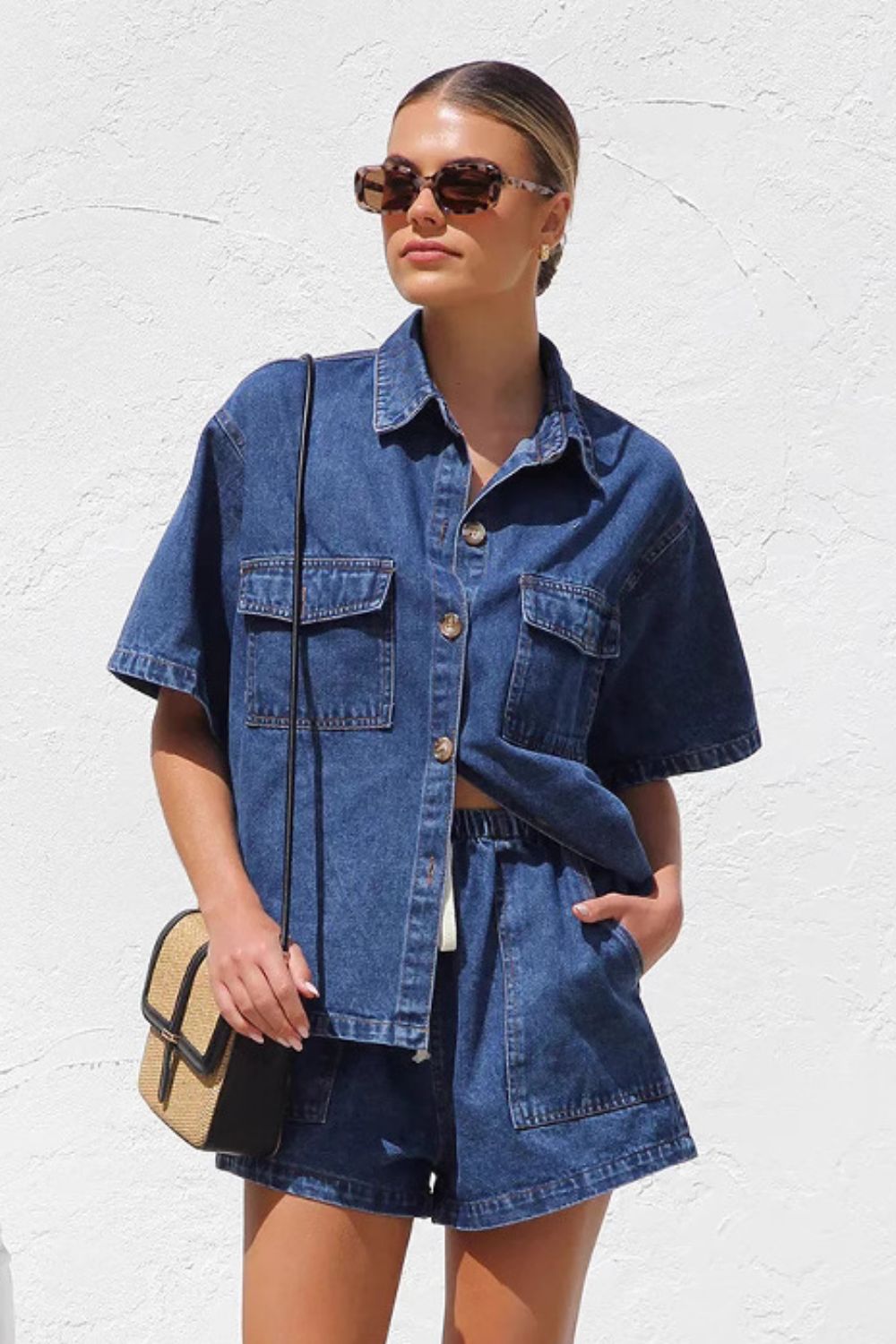 Collared Neck Button Up Top and Shorts Denim Set Light / S Light / M
