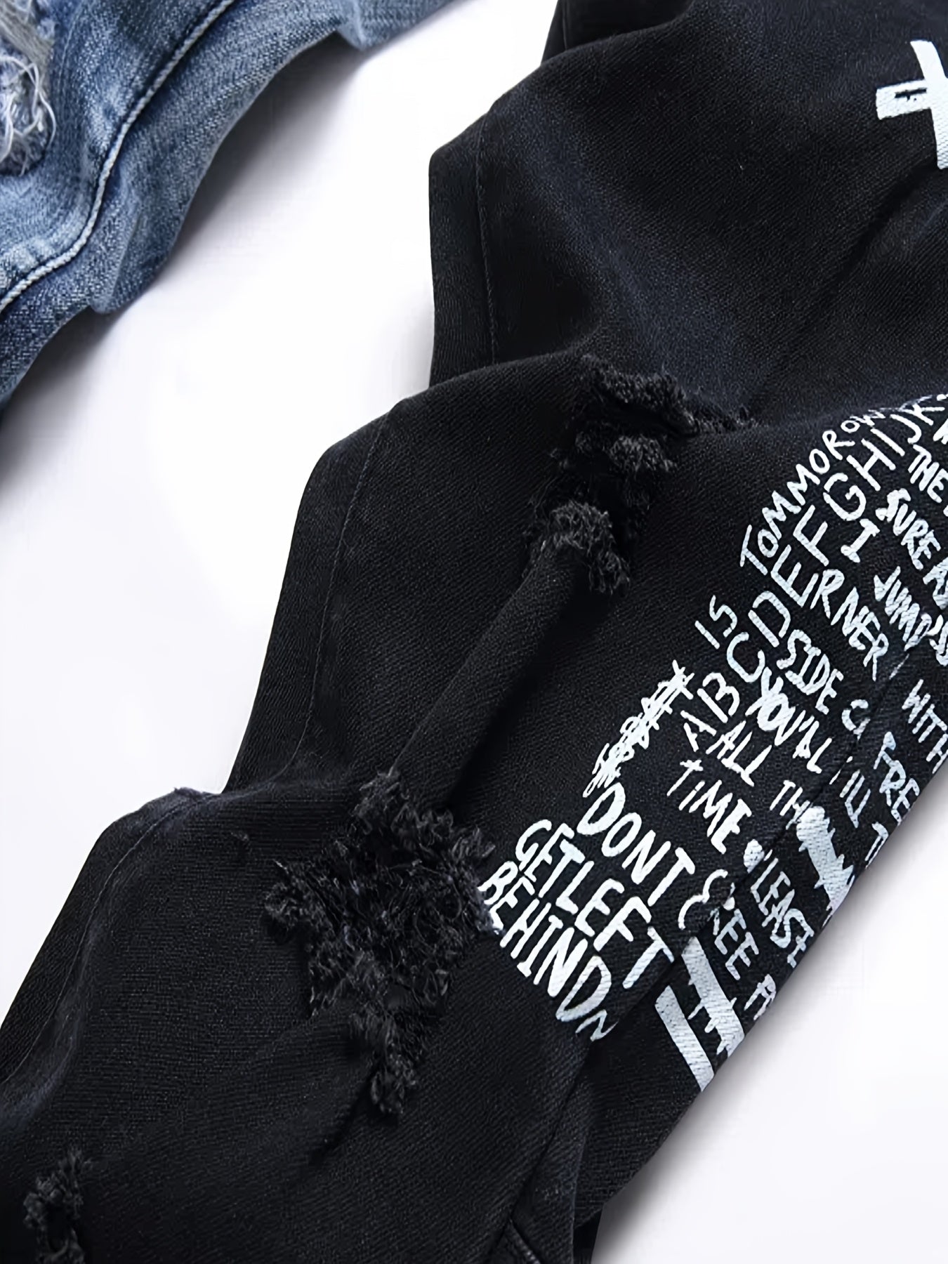 Men'S Ripped Letter Print Stretch Straight Slim Patchwork Jeans Comfortable Indigo / 30 Indigo / 32 Indigo / 34 Indigo / 30-Indigo / 32-Indigo / 34-Indigo / 36-Indigo / 38-