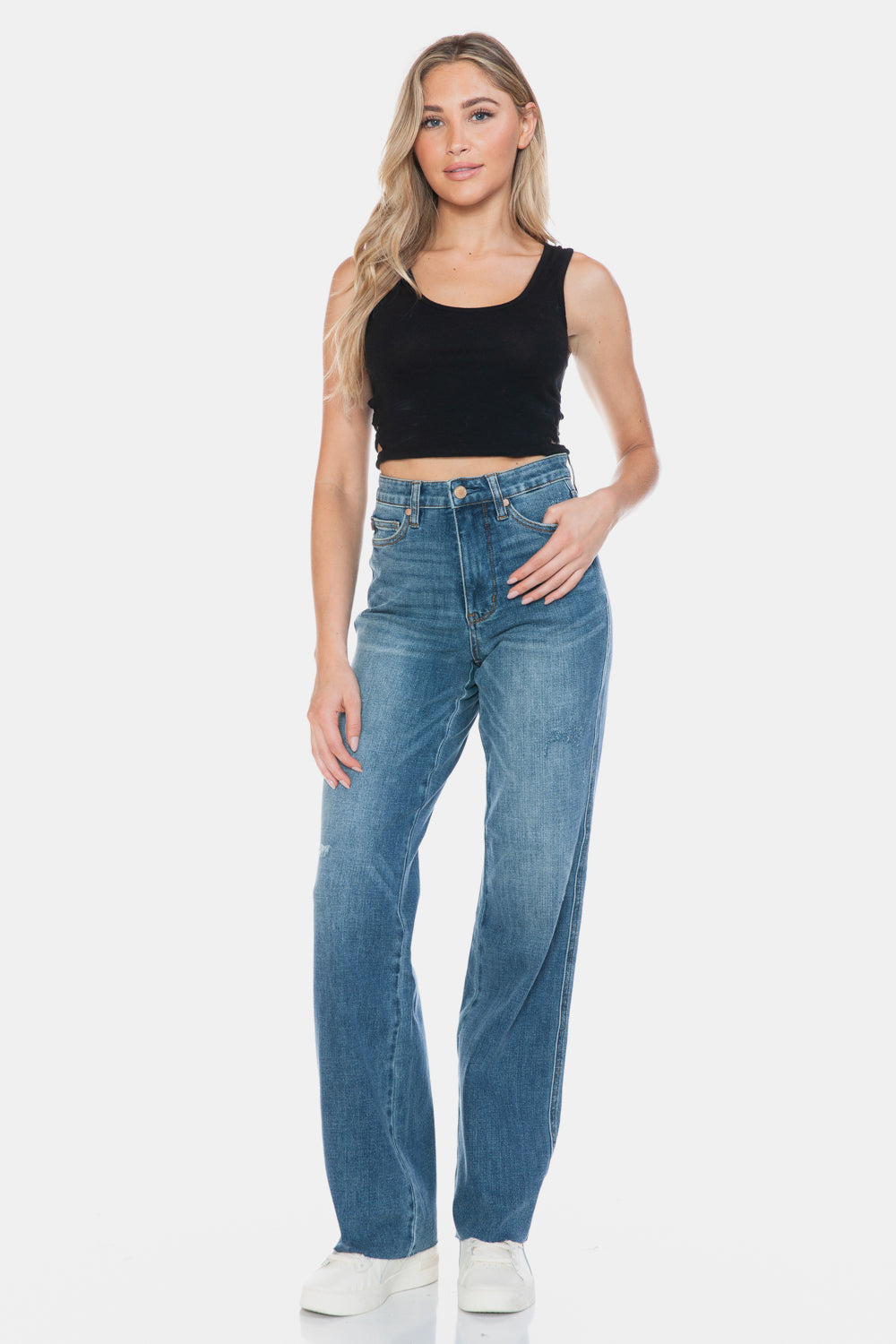 Judy Blue Full Size Tummy Control Cut Raw Hem Straight Jeans Medium / 0/24 Medium / 1/25