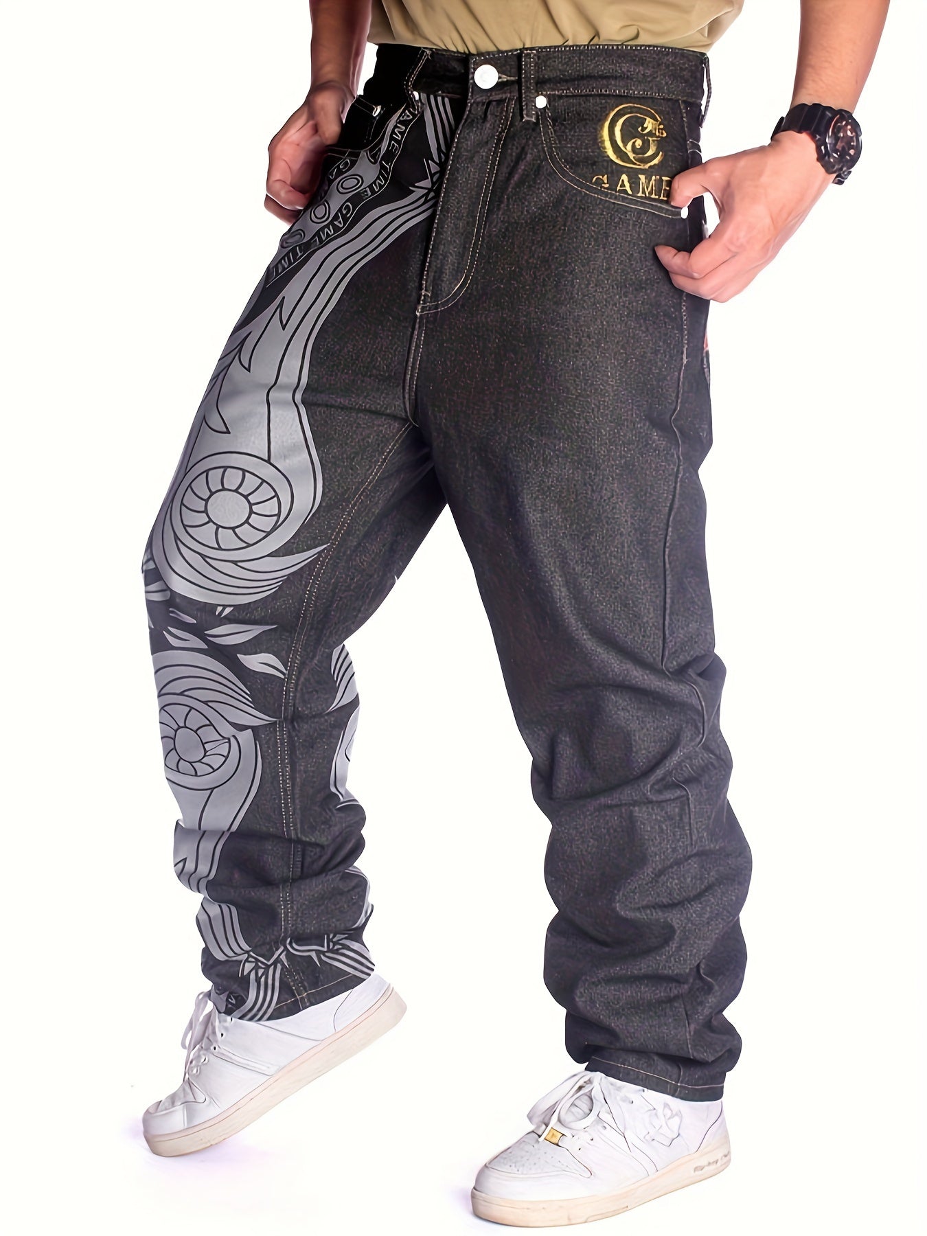 Men's Casual Jeans, Original Color Jeans, Hip-hop Loose Print Embroidered Denim Pants Black / 30 Black / 32 Black / 34 Black / 30-Black / 32-Black / 34-Black / 36-Black / 38-Black / 40-Black / 42-