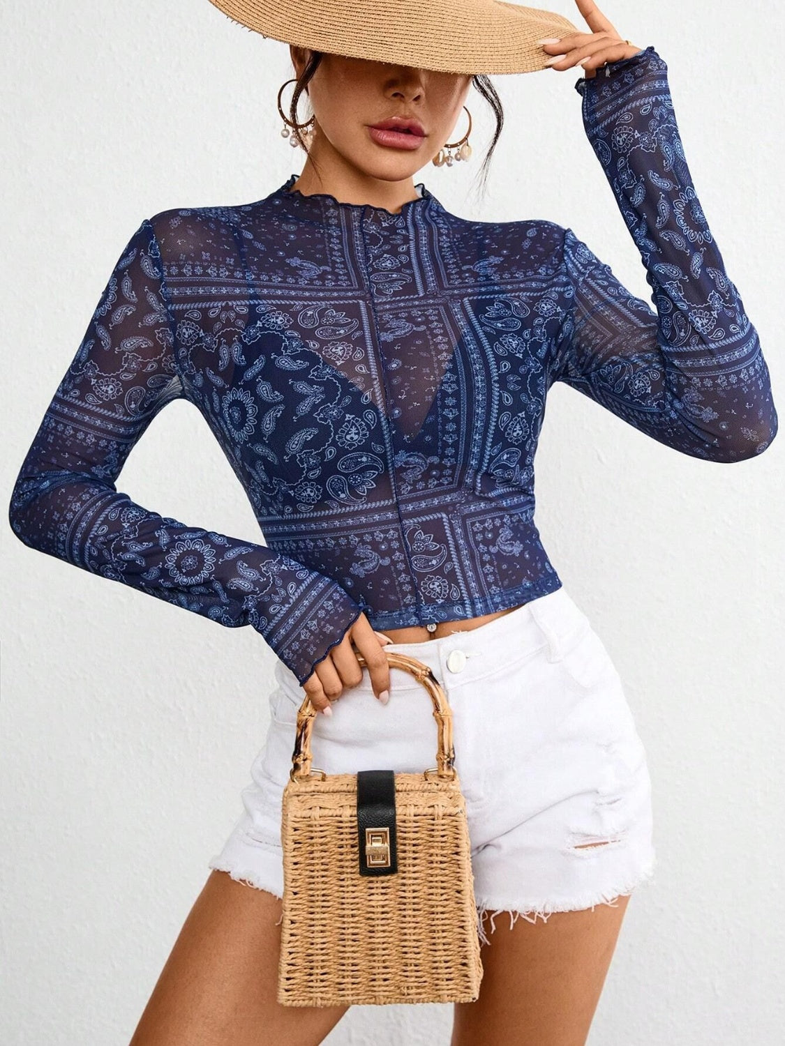 Paisley Mock Neck Long Sleeve Sheer Top Dark Blue / M Dark Blue / XL Dark Blue / S Dark Blue / M-Dark Blue / XL-Dark Blue / S-Dark Blue / L-Dark Blue / 2XL-