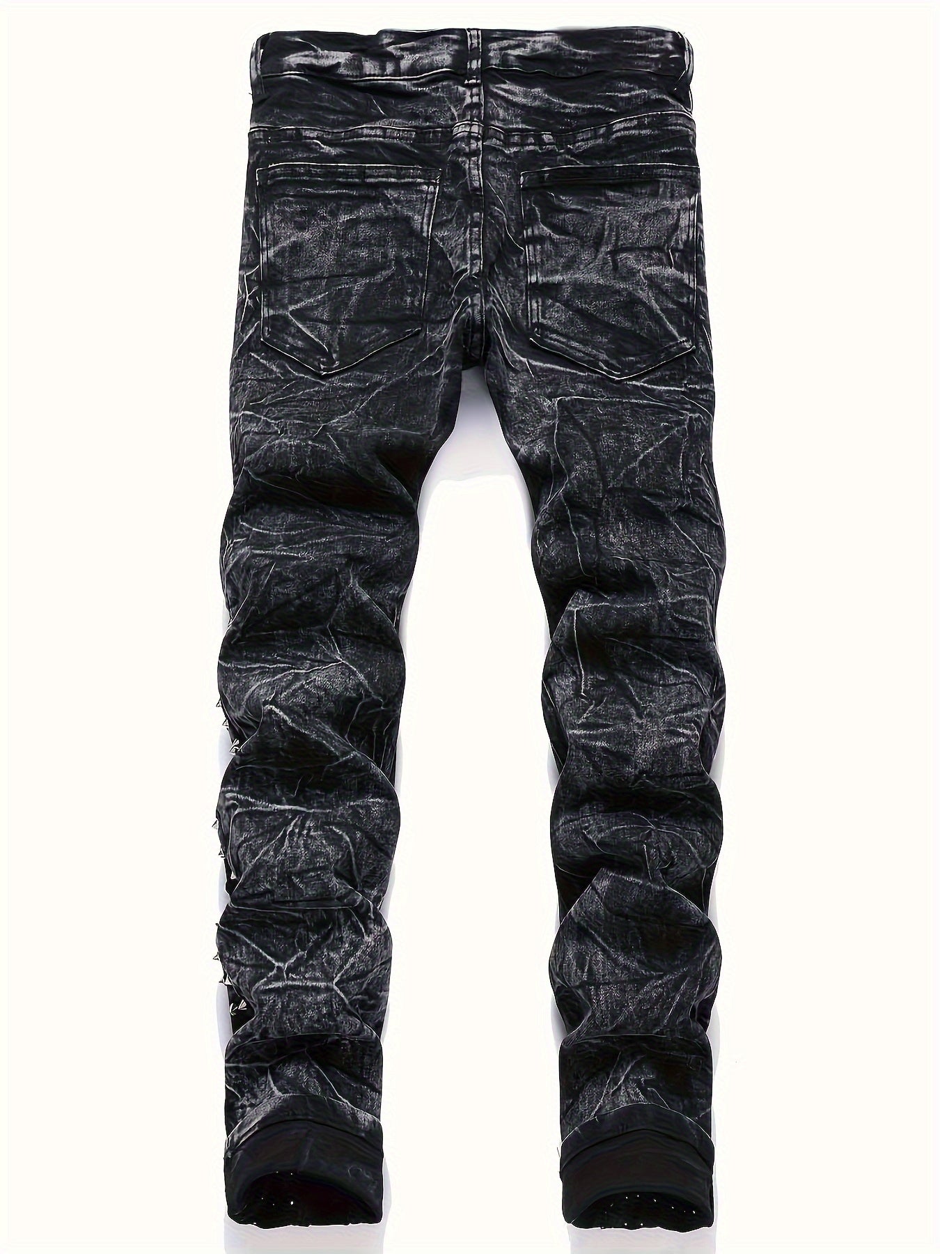 Men's Slim-Fit Rivet-Studded Denim Jeans - Punk Style, Stretch Cotton Blend Black / 30 Black / 32 Black / 34 Black / 30-Black / 32-Black / 34-Black / 36-Black / 38-