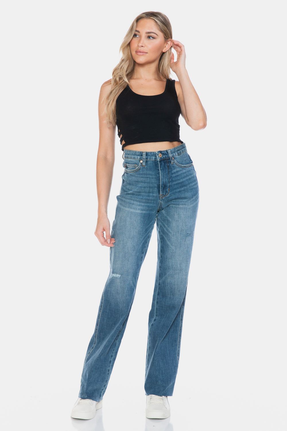 Judy Blue Full Size Tummy Control Cut Raw Hem Straight Jeans Medium / 0/24 Medium / 1/25